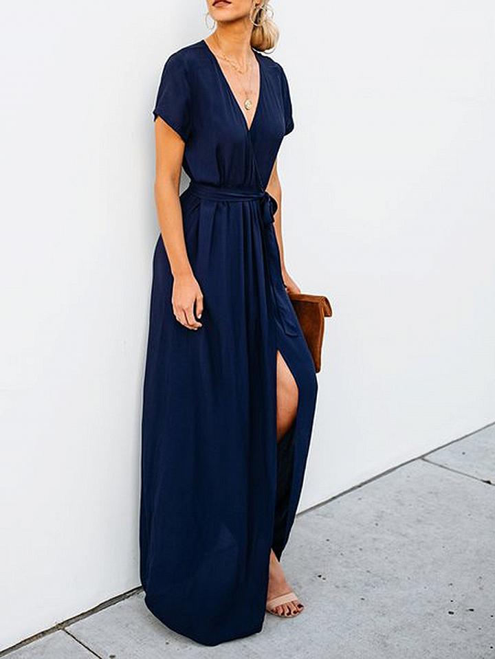 Choies Navy Blue V-neck Tie Waist Thigh Split Front Maxi Dress