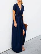 Choies Navy Blue V-neck Tie Waist Thigh Split Front Maxi Dress