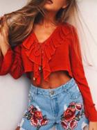 Choies Orange Lace Up Ruffle Bell Sleeve Crop Blouse
