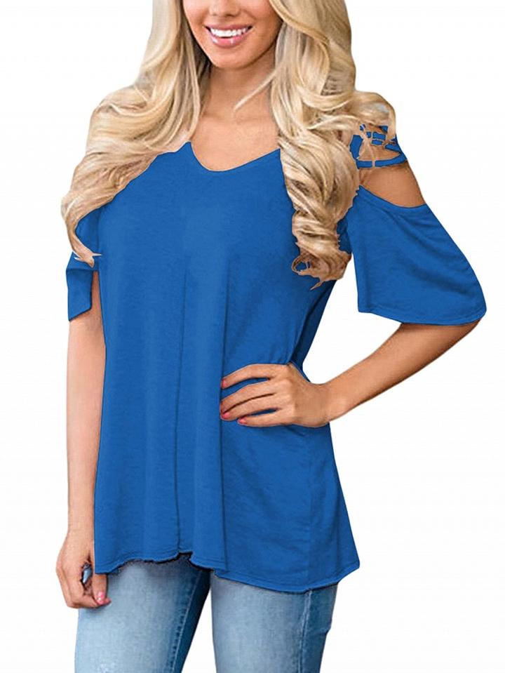 Choies Blue Cold Shoulder Lace Up Side Flare Sleeve T-shirt