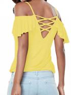 Choies Yellow Cold Shoulder Cross Strappy Back Ruffle Sleeve Cami Top