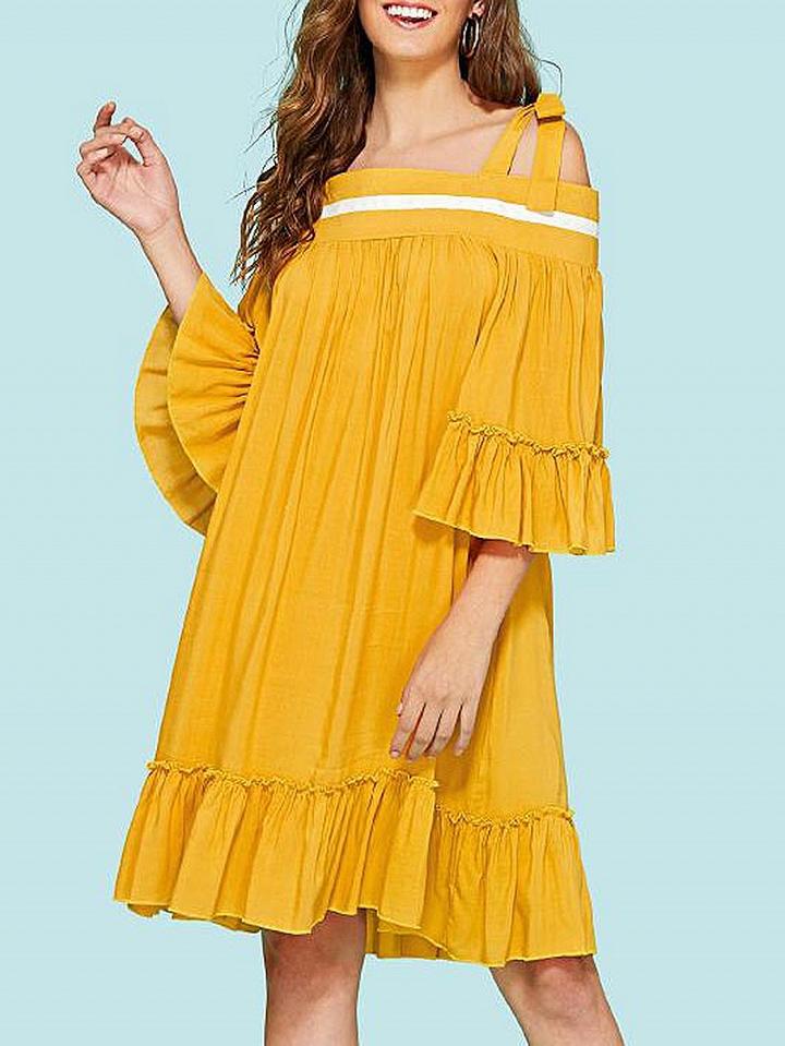 Choies Yellow Off Shoulder Tie Detail Ruffle Trim Mini Dress