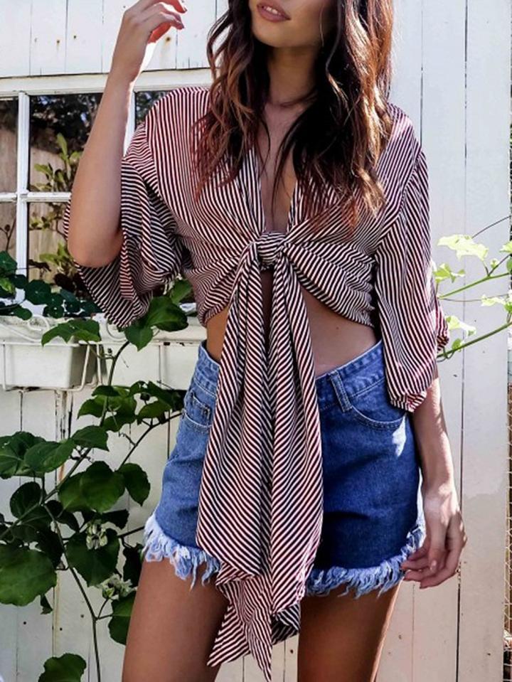 Choies Red Stripe Plunge Wide Sleeve Tie Front Crop Top
