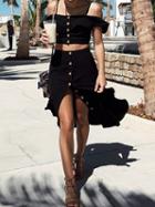 Choies Black Ruffle Trim Chic Women Crop Cami Top And High Waist Skirt