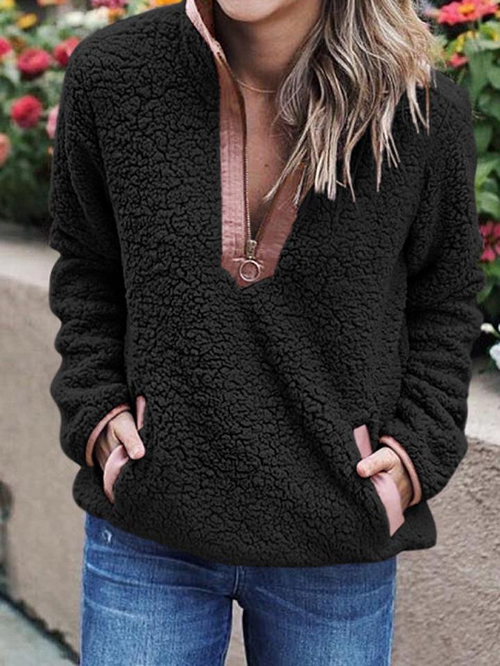 Choies Black Contrast Faux Shearling Lapel Long Sleeve Chic Women Hoodie