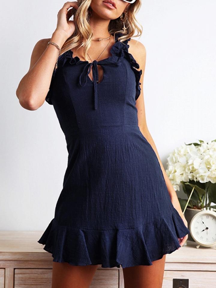 Choies Dark Blue Frill Trim Open Back Sleeveless Chic Women Mini Dress