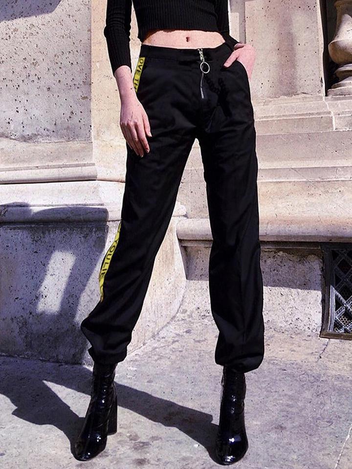 Choies Black High Waist Contrast Letter Stripe Pants