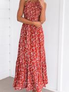 Choies Red Halter Shirred Floral Print Lace Up Back Maxi Dress