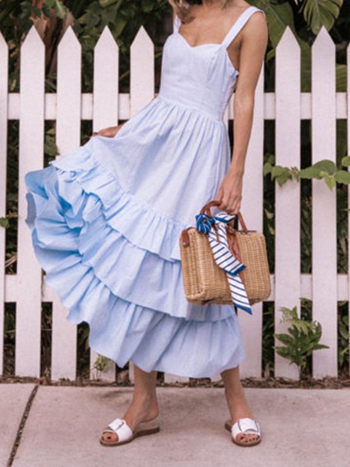 Choies Light Blue Cotton V-neck Layered Ruffle Hem Chic Women Cami Maxi Dress