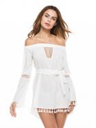 Choies White Off Shoulder Mesh Panel Flared Sleeve Tassel Trim Mini Dress