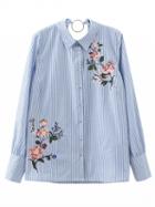 Choies Blue Stripe Embroidery Floral Circle Detail Long Sleeve Shirt