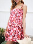 Choies Hot Pink Stripe Cotton Maple Leaf Print Chic Women Cami Mini Dress