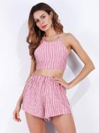 Choies Pink Stripe Halter Open Back Crop Top And Shorts