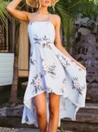 Choies Blue Floral Print Cross Strap Open Back Hi-lo Dress