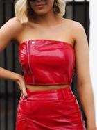 Choies Red Bandeau Zip Detail Chic Women Leather Look Crop Top