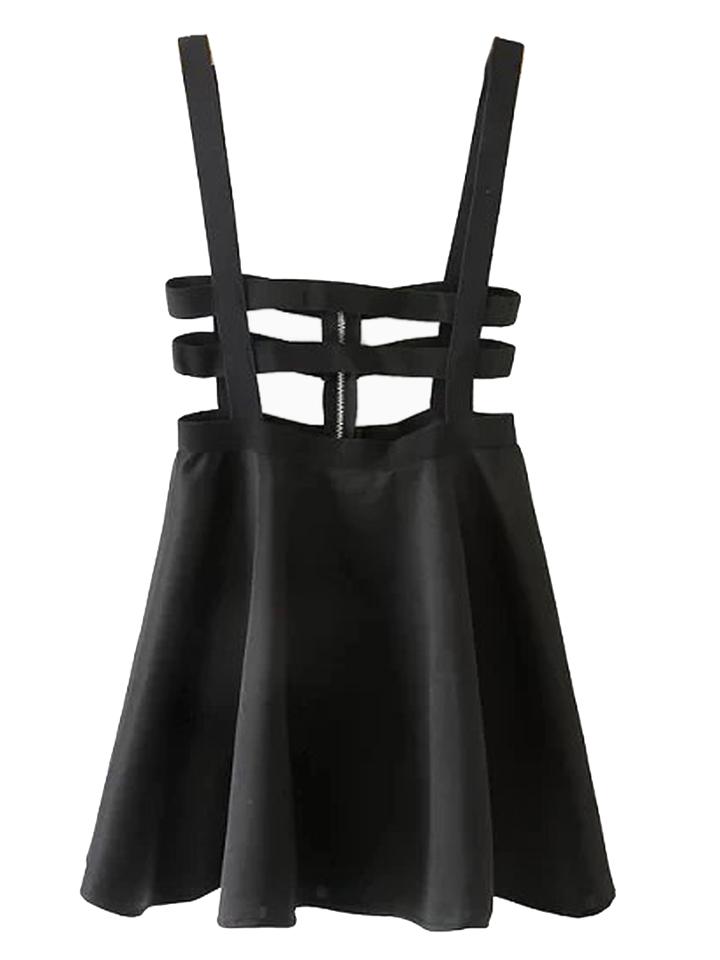 Choies Black Lattice Cut Out High Waisted Shoulder-straps Skater Skirt