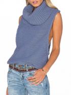 Choies Steel Blue Chunky Knitted Roll Neck Race Back Sleeveless Sweater