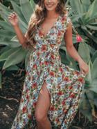 Choies Polychrome V-neck Floral Print Thigh Split Front Chic Women Maxi Dress