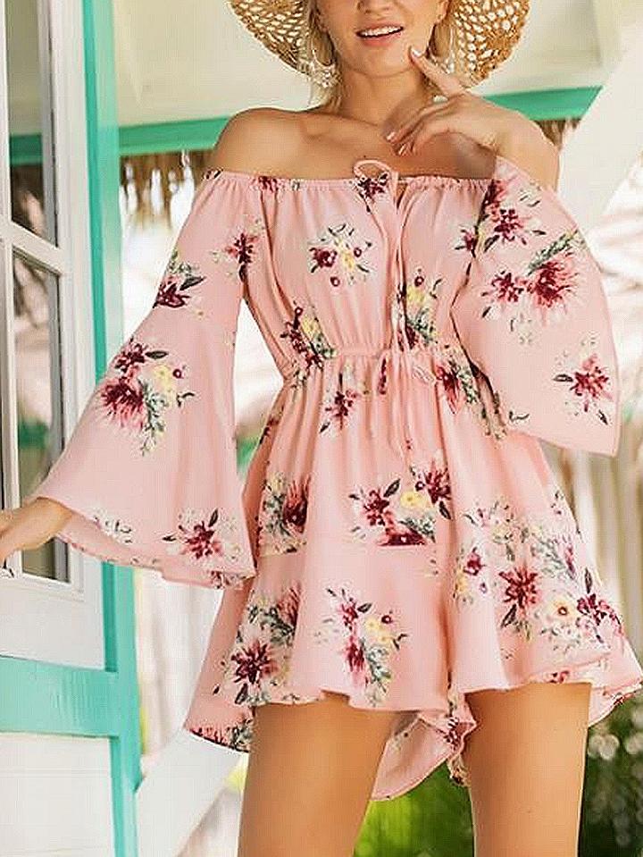 Choies Pink Off Shoulder Floral Print Flare Sleeve Romper Playsuit