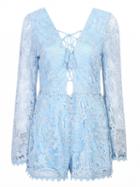 Choies Blue Lace Up Front Flare Sleeve Backless Lace Romper Playsuit