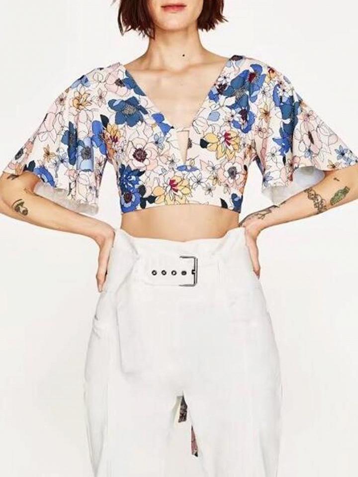 Choies Polychrome Floral Print V Front Tie Back Crop Top
