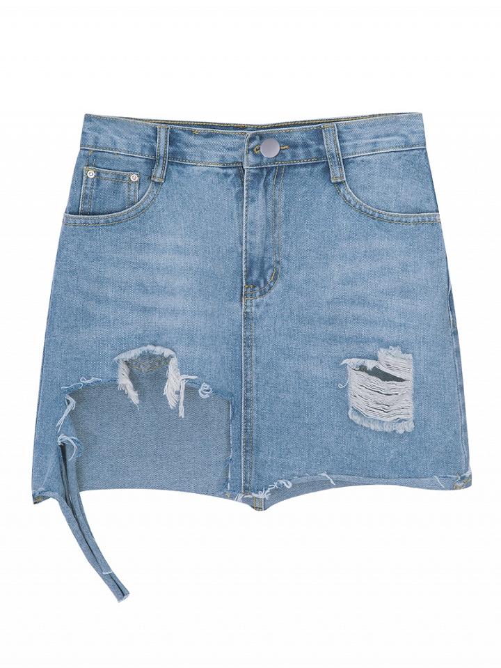 Choies Blue Light Wash Ripped Raw Hem Denim Mini Skirt
