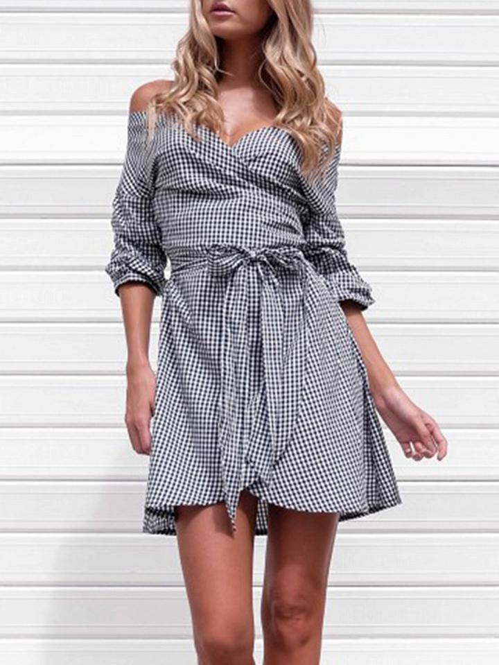 Choies Black Stripe V-neck Cold Shoulder Long Sleeve Mini Dress