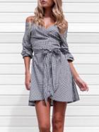 Choies Black Stripe V-neck Cold Shoulder Long Sleeve Mini Dress