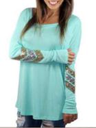 Choies Blue Sequin Arrow Pattern Long Sleeve Hi-lo T-shirt