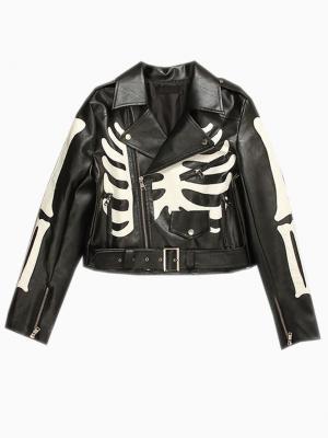 Choies Black Leather Biker Jacket With Skeleton Print
