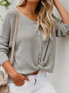 Choies Gray V-neck Button Placket Front Long Sleeve Chic Women Knit Sweater