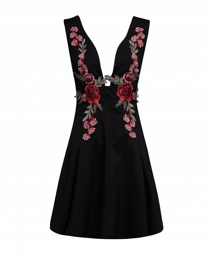 Choies Black Deep V-neck Embroidered Detail Open Back Dress