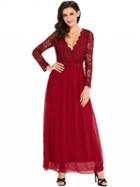 Choies Red Plunge Lace Panel Open Back Long Sleeve Maxi Dress