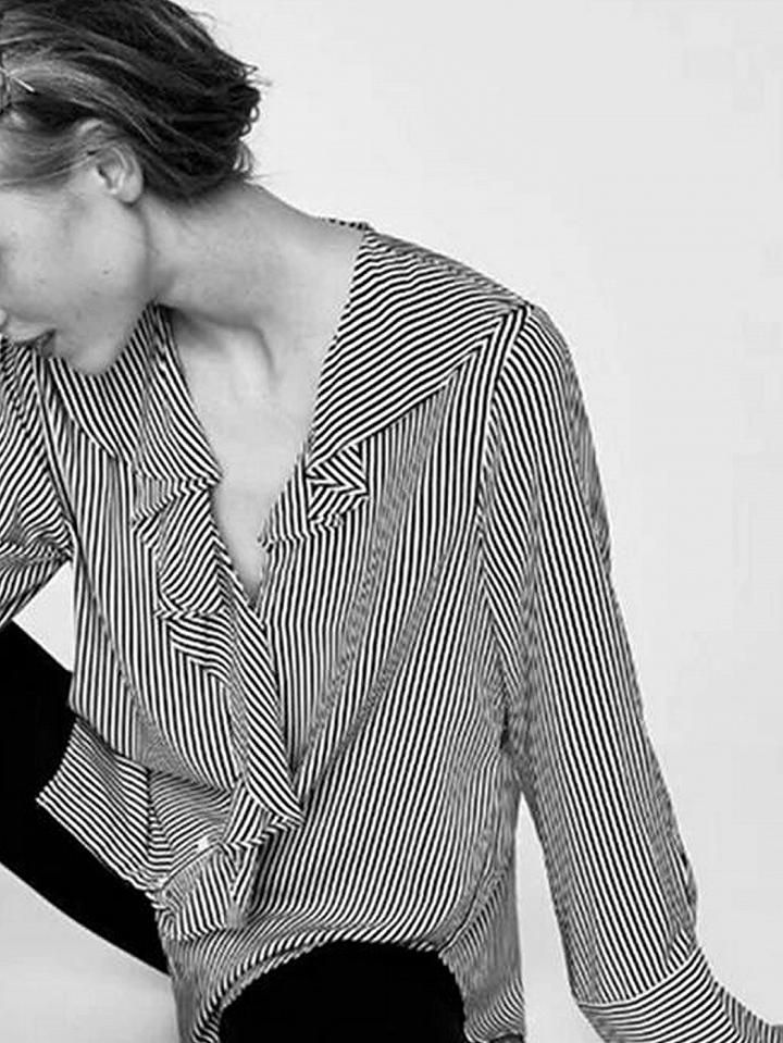Choies Black Stripe V-neck Ruffle Trim Long Sleeve Blouse