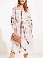 Choies White Off Shoulder Tie Front Embroidery 3/4 Sleeve Midi Dress