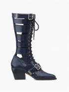 Choies Dark Blue Lace Up Cut Out Detail Chic Women Pointed Toe Boots