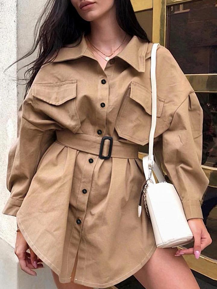 Choies Khaki Lapel Buckle Strap Waist Long Sleeve Women Coat