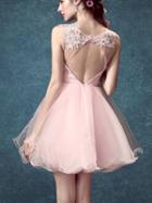 Choies Pink Sequin Crystal Sheer Crochet Open Back Tulle Homecoming Dress
