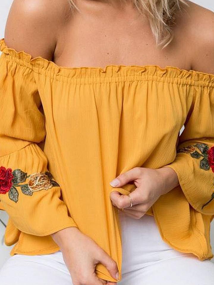 Choies Yellow Off Shoulder Embroidered Flutter Sleeve Top