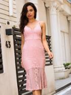 Choies Pink V-neck Pephem Bodycon Midi Lace Dress