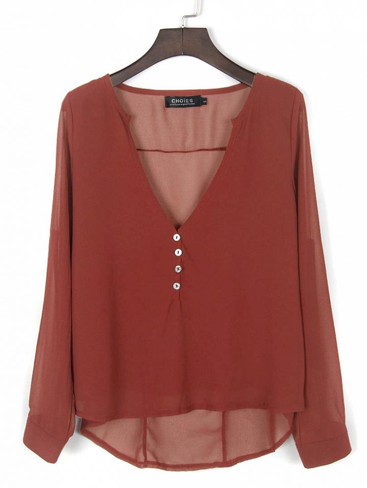Choies Rubber Red V-neck Button Detail Dip Back Blouse