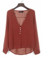 Choies Rubber Red V-neck Button Detail Dip Back Blouse