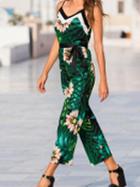 Choies Green Spaghetti Strap V-neck Floral Print Chic Women Jumpsuit