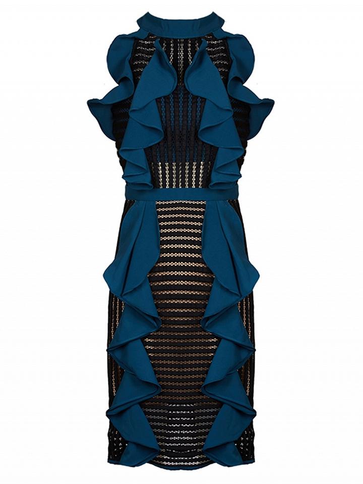 Choies Black Halter Cutwork Lace Contrast Ruffle Trim Bodycon Dress