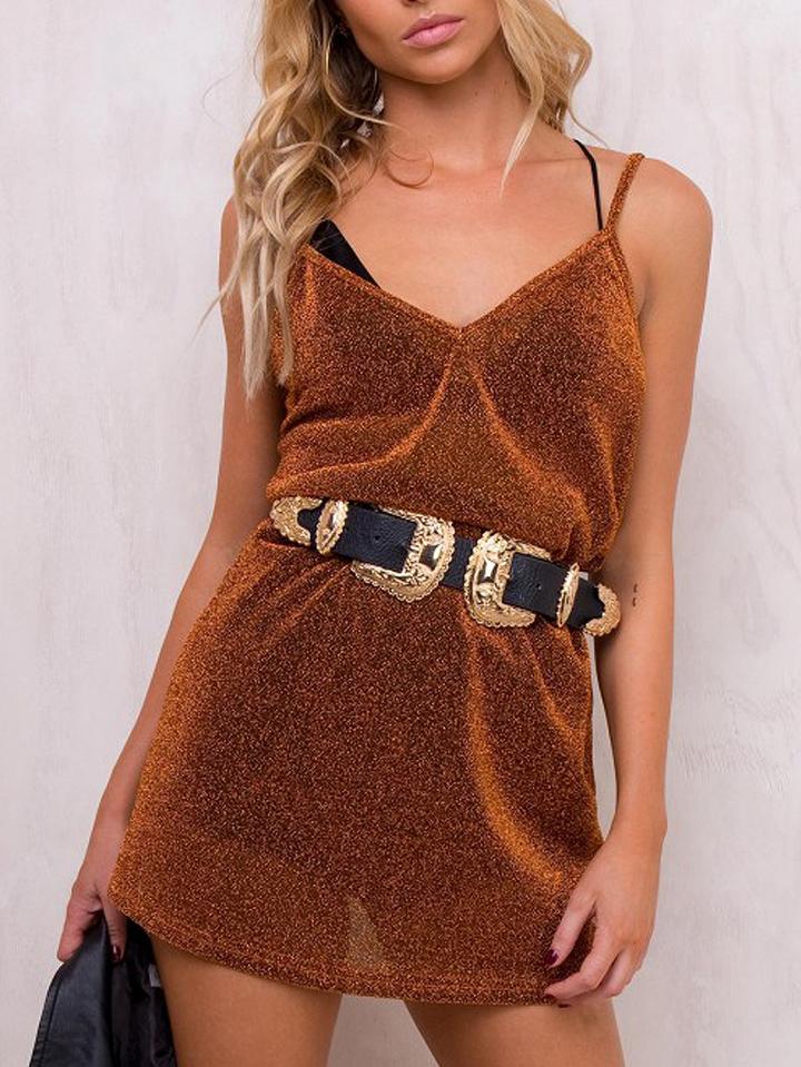 Choies Golden V-neck Spaghetti Strap Sparkle Mini Dress
