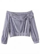 Choies Blue Stripe Off Shoulder Ruched Front Crop Top