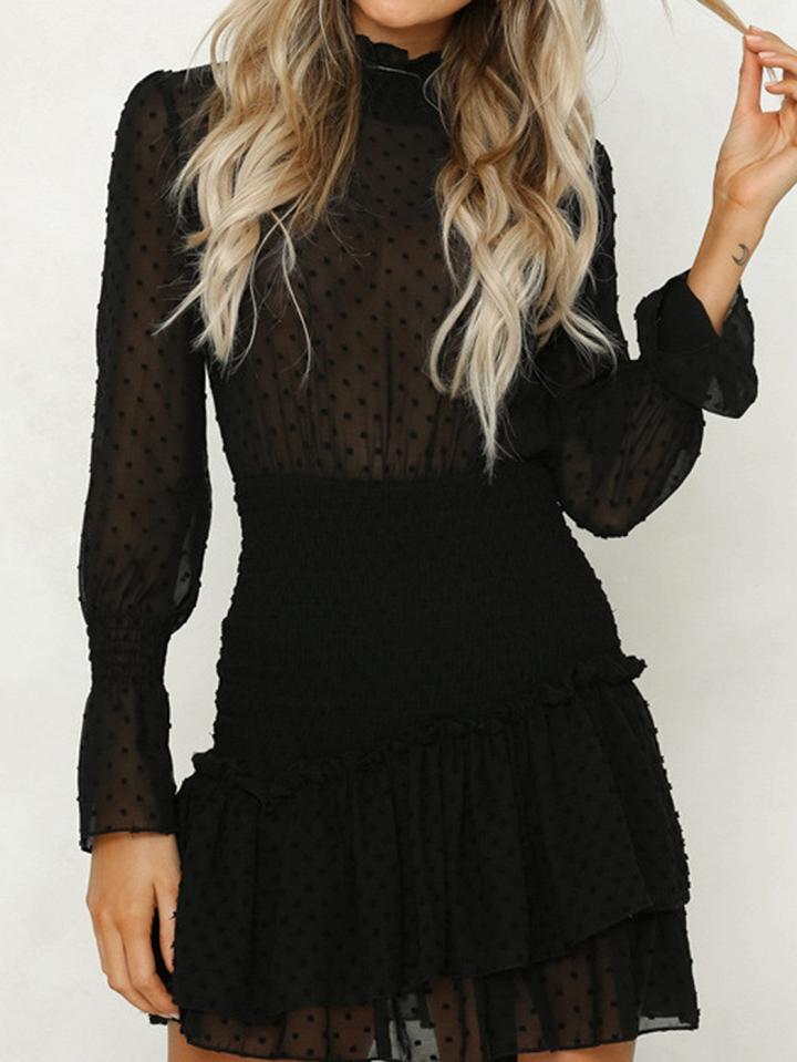 Choies Black Chiffon Polka Dot Print Puff Sleeve Chic Women Mini Dress