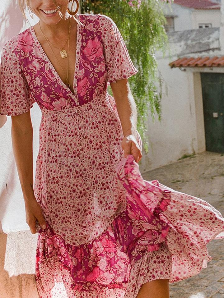 Choies Pink V-neck Floral Print Casual Women Midi Dress