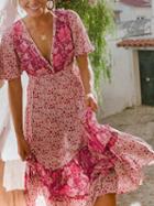 Choies Pink V-neck Floral Print Casual Women Midi Dress