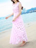 Choies Pink Sheer Plaid Sleeveless Organza Beach Maxi Dress
